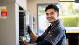 Technician working on an air conditioning unit in a modern facility during daylight